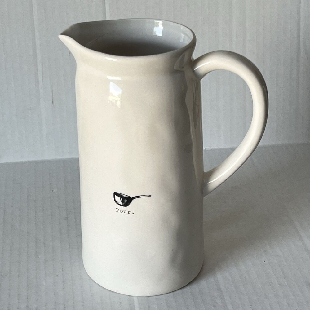 Rae Dunn Tall Ivory Ceramic Farmhouse POUR. Icon Graphic Beverage Carafe Pitcher